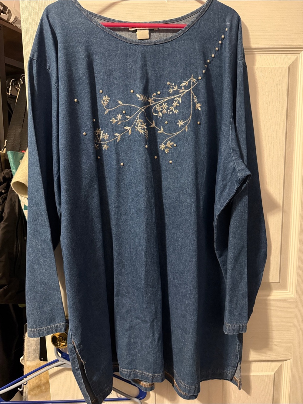 Blue Embroidered Denim Pullover Top with Stud Accents